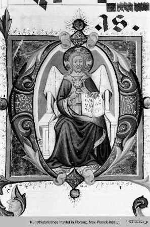 Graduale : Textseite mit Randseitenbordüre, vierzeiligen Neumen und historisierter Initiale (O?): Pantokrator in Mandorla