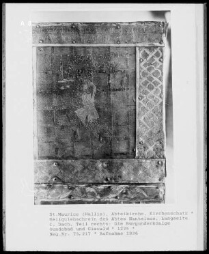 Reliquienschrein des Abtes Nanthelm (Nantelmus), Längsseite I, Dach, Detail: Burgunderkönige Gundobad und Giscald
