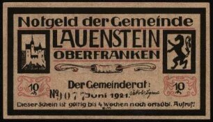 Notgeld der Gemeinde Lauenstein Oberfranken 10 Pfennig