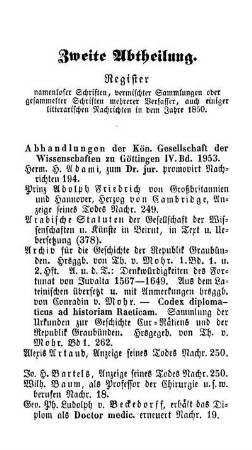 Zweite Abtheilung. Register namenloser Schriften, vermischter Sammlungen oder gesammelter Schriften mehrerer Verfasser, auch einiger litterarischen Nachrichten in dem Jahre 1850.
