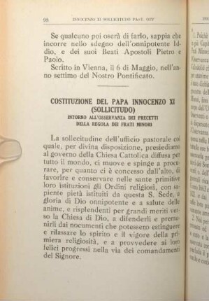 Costituzione Del Papa Innocenzo XI (Sollicitudo) Intorno All' Osservanza Dei Precetti Della Regola Dei Frati Minori