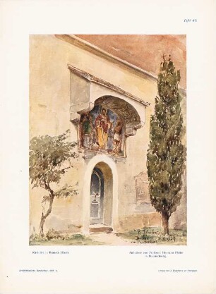 St. Katharina auf dem Rain, Bruneck: Perspektivische Ansicht des Portals mit Fresko (aus: Architekt. Rundschau, hrsg.v. Eisenlohr & Weigle, 1909)