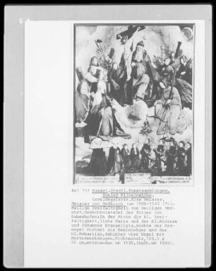 Heilige Dreifaltigkeit von Heiligen verehrt, Gedächtnistafel der Ritter von Bubenhofen & in der Mitte die hl. Dreifaltigkeit & links Maria und der hl. Andreas und Johannes Evangelista & rechts der Erzengel Michael als Seelenwäger und der hl. Sebastian & dahinter vier Engel mit Marterwerkzeugen