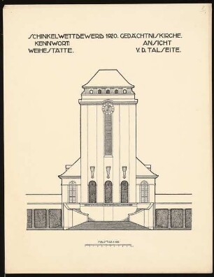 Gedächtniskirche mit Gedenkhalle Schinkelwettbewerb 1920: Talansicht (von Süden) 1:100