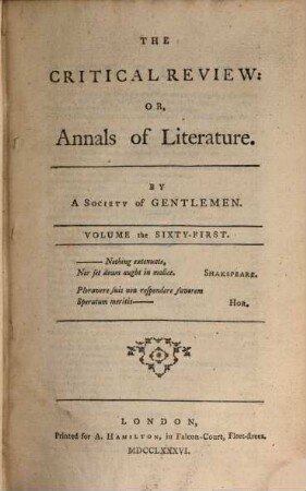 The critical review, or annals of literature. 61. 1786