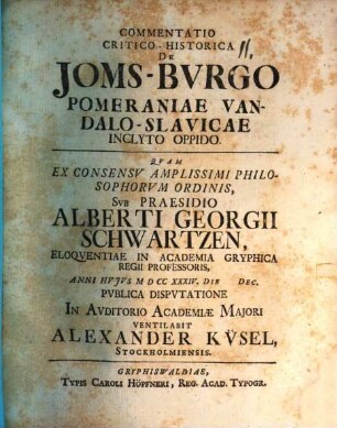 Commentatio Critico-Historica De Joms-Burgo Pomeraniae Vandalo-Slavicae Inclyto Oppido