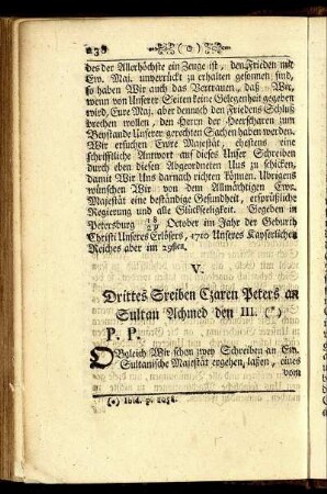 V. Drittes Sreiben Czaren Peters an Sultan Achmed den III.