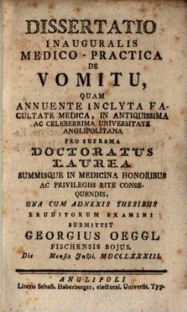 Dissertatio Inauguralis Medico-Practica De Vomitu