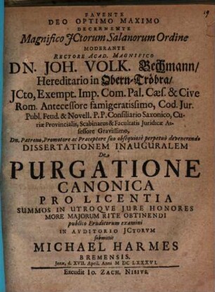 Dissertationem Inauguralem De Purgatione Canonica