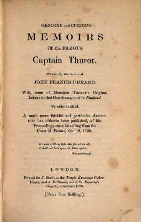 Popular songs, illustrative of the French invasions of Ireland, 1. Genuine and curious memoirs of the famous Captain Thurot