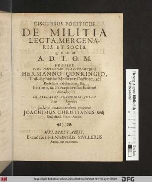 Discursus Politicus De Militia Lecta, Mercenaria Et Socia