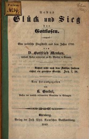 Über Glück und Sieg der Gottlosen : eine politische Flugschrift aus dem Jahre 1795