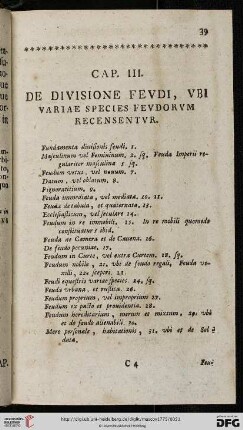 Cap. III.: De diuisione feudi, variisque speciebus feudorum
