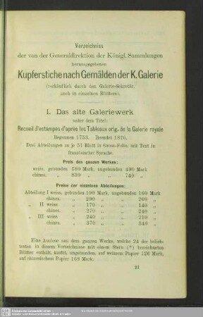 Verzeichniss der von der Generaldirektion der Königl. Sammlungen herausgegebenen Kupferstiche nach Gemälden der K. Galerie