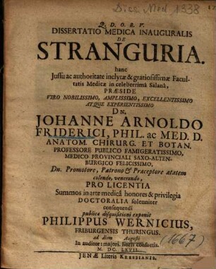 Dissertatio Medica Inauguralis De Stranguria