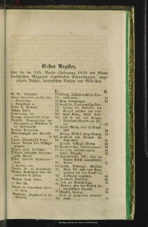 Erstes Register, über die im XXX. Bande (Jahrgang 1853) des Neuen Lausitzischen Magazins abgedruckten Abhandlungen, angezeigten Bücher, literarischen Notizen und Miscellen