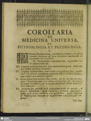 Corollaria Ex Medicina Universa