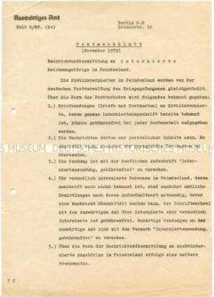 Maschinenschriftliches Merkblatt des Auswärtigen Amtes zum Postverkehr mit internierten Reichsangehörigen - Nachlass