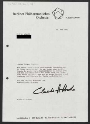 Brief an György Ligeti, 25.05.1993