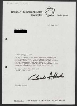 Brief an György Ligeti, 25.05.1993
