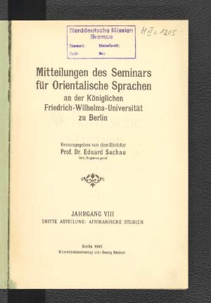 8.1905: Mitteilungen des Seminars für Orientalische Sprachen an der Friedrich Wilhelms-Universität zu Berlin