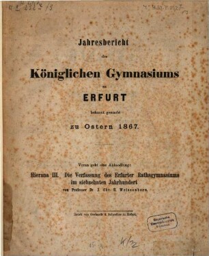 Hierana : I. II. Beiträge zur Geschichte des Erfurtischen Gelehrtenschulwesens. III