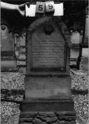 Grabstein 59 (Index: 99796658) Material: Sandstein Zustand: beschädigt/verwittert Maße HxBxT: 110x45x16 cm Beschreibung: Stele, getreppter Sockel, Rundbogenabschluß, Schriftfeld eingetieft Symbolik: Blüte: Grabstein 59