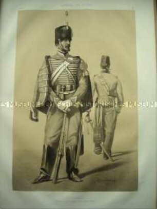 Uniformdarstellung, Gemeiner des 4. Husaren-Regiments in Parade-Uniform und Gemeiner des 7. Husaren-Regiments in Pelz-Jacke, Frankreich, 1859. Tafel 33 im Buch: Armand-Dumaresq: Uniformes de l'Armée Française.
