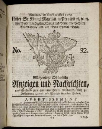 No. 32. Montags, den 6ten Augustus 1770.