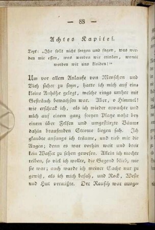 Achtes Kapitel. Text: "Ihr sollt nicht sorgen und sagen, was werden wir essen, was werden wir trinken, womit werden wir uns kleiden!"