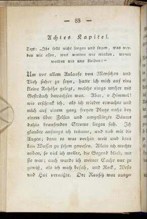 Achtes Kapitel. Text: "Ihr sollt nicht sorgen und sagen, was werden wir essen, was werden wir trinken, womit werden wir uns kleiden!"