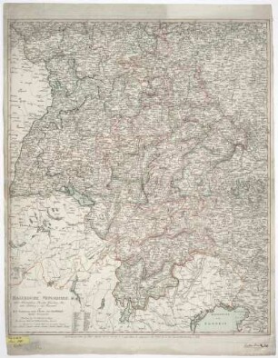 Karte vom Königreich Bayern, 1:850 000, Kupferstich, 1808 : Die Baierische Monarchie nebst Würtemberg, Baaden, Würzburg, Baireuth, Salzburg u[nd]: dem Innviertel : aus D. F. Sotzmanns neuer Charte von Deutschland besonders herausgegeben / D. F. Sotzmann. - [Ca. 1:850 000]. - Nürnberg : Schneider und Weigel , 1808. - 1 Kt. : Kupferstich ; 58 x 70 cm. Maßstab in graph. Form (deutsche Meilen)