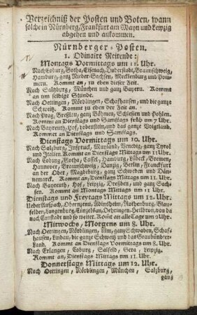 Verzeichniß der Posten und Boten, wann solche in Nürnberg, Frankfurt am Mayn und Leipzig abgehen und ankommen.