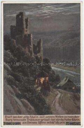 Postkarte mit Illustration zum Volkslied "Dort wo der alte Rhein..."