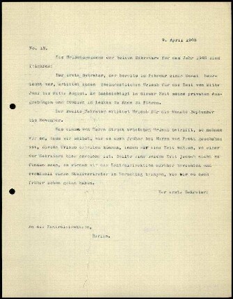 Bericht des ersten Sekretars an die Zentral-Direktion