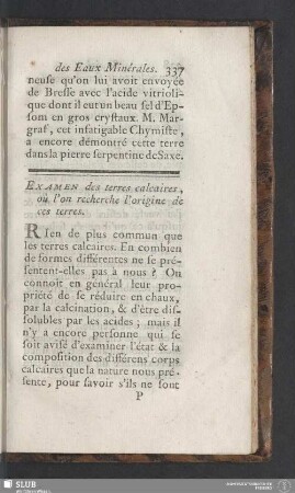 Examen des terres calcaires, où l'on recherche l'origine de ces terres