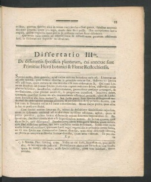 Dissertatio IIItia. De differentiis specificis plantarum, cui annexae sunt Primitiae Horti botanici & Florae Rostochiensis.