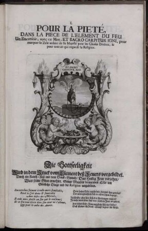 I. Pour la pieté, dans la piece de l'element du feu = Die Gottseeligkeit. Wird in dem Stück vom Element deß Feuers vorgebildet