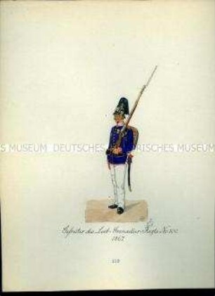 Uniformdarstellung, Gefreiter des Leib-Grenadier-Regiments Nr. 100, 1867. Aus: Sammelmappe "Sachsens Militär", Königliche Arsenalsammlung.