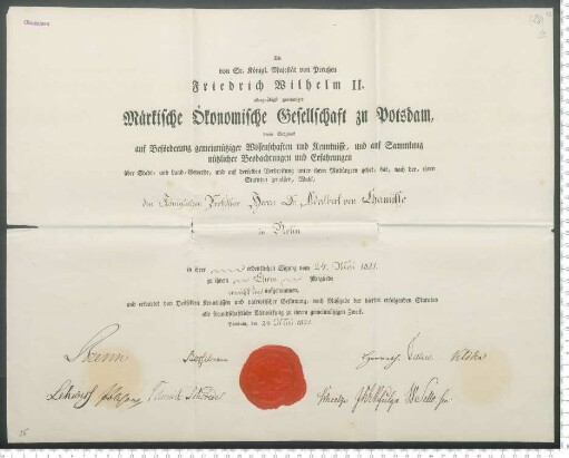 Mitgliedsurkunde [Ehrenmitglied] der Märkischen Ökonomischen Gesellschaft zu Potsdam