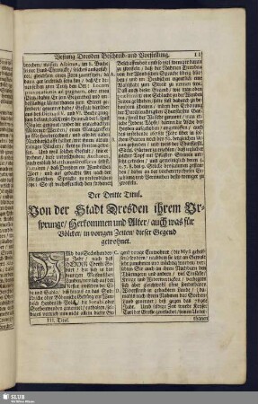 Der Dritte Titul. Von der Stadt Dresden ihrem Ursprunge/ Herkommen und Alter/