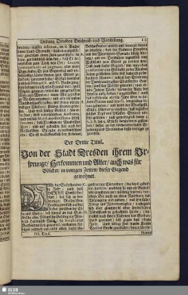 Der Dritte Titul. Von der Stadt Dresden ihrem Ursprunge/ Herkommen und Alter/