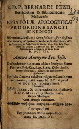 Epistolae apologeticae pro ordine Sancti Benedicti adversus libellum: cura salutis ...