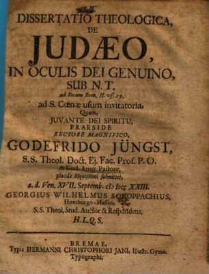 Diss. theol. de Iudaeo, in oculis Dei genuino, sub N. T., ad loc. Rom. II, v. 29., ad S. coenae usum invitatoria