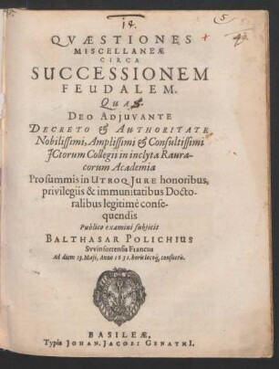 Quaestiones Miscellaneae Circa Successionem Feudalem