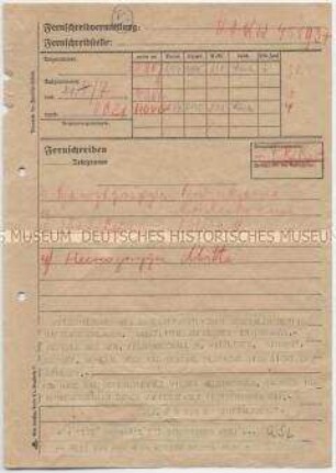 Telegramm von Generaloberst Fromm an die Heeresgruppenkommandos zur Niederschlagung des Putsches mit der Aufforderung, Befehle von Witzleben, Hoepner und Olbricht nicht zu befolgen - Sachkonvolut