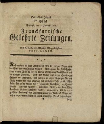 Ites Stück Freytags, den 2. Januarii 1761. - Xtes Stück Dienstags, den 3. Februarii 1761.