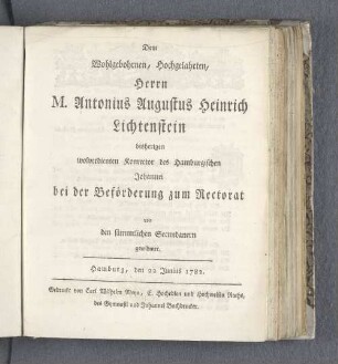 (...) Herrn M. Antonius Augustus Heinrich Lichtenstein (...) bei der Beförderung zum Rectorat (...)