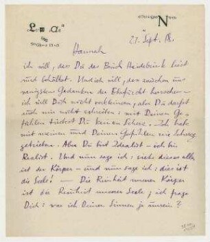 Brief von Raoul Hausmann an Hannah Höch, Berlin-Steglitz. Briefkopf: Club-Dada