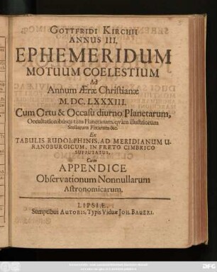 3: Cum Appendice Observationum Nonnullarum Astronomicarum